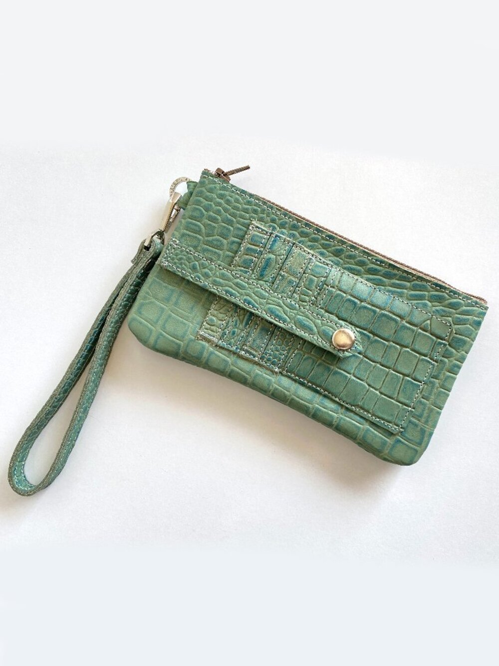 J. Allen Leigh Turquoise Croc Embossed Wristlet Wallet Card / ID Holder